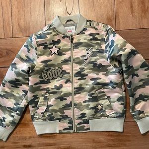 3/$12 Girls size 10/12 Camouflage bomber jacket